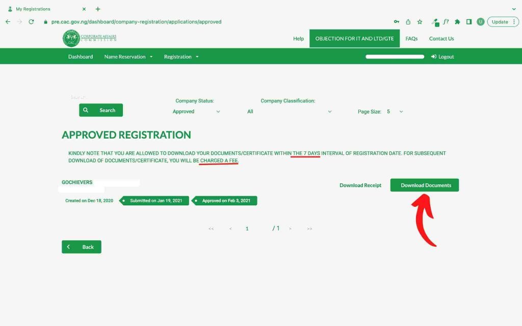 Screenshot from the CAC website