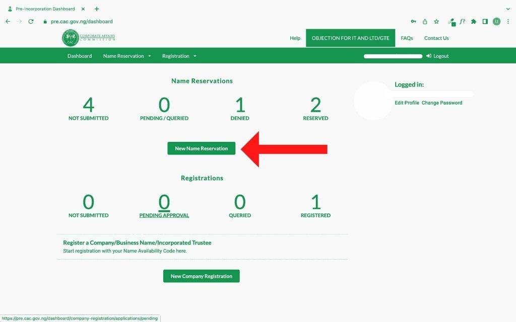 Screenshot of the new name registration page on CAC website