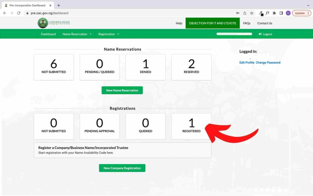 Screenshot of the user dashboard on CAC website