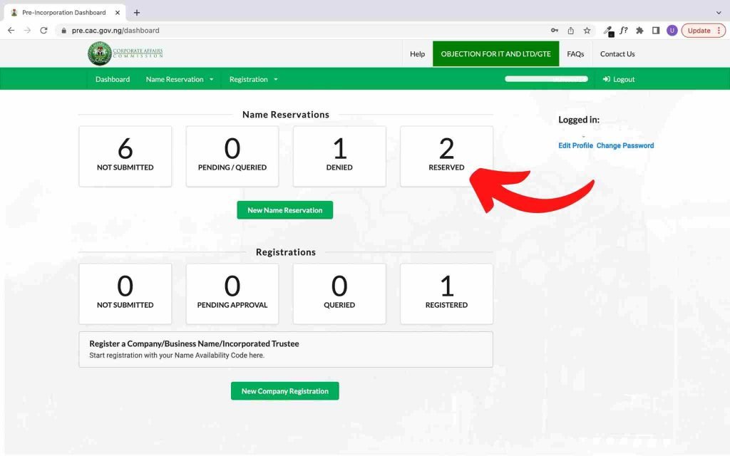 Screenshot from CAC user dashboard webpage